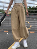 Prettyswomen  Baggy Casual Khaki Harem Pants Capris Adjustable Button High Waisted Trousers Ladies Pocket Black Sweatpants Autumn