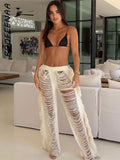 Back to college  Sexy Hollow Out Hole Knitted Pants With Fringe On The Side Beach Cover Up Vacation Bottoms Fall Trousers C87-FG52