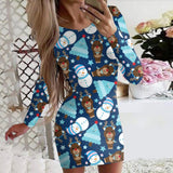 Black Friday Sales 2022 Fashion Party Dresses Women Christmas Printed Long Sleeves Round Neck Tight Above Knee Casual Mini Dress Holiday Vestidos