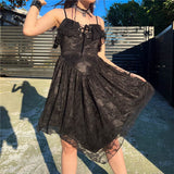 Summer E-girl Fairy Grunge Asymmetric Vestidos Female Tulle Lace Floral Layers Sling Straps Backless Bandage Ruffles Dress Women