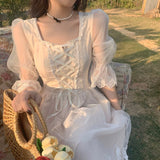 PrettysWomen New Summer Vintage Lace Dress Women's Square Collar Elegant Long Dress Half Sleeve Chiffon Princess Dress Fashion Girls