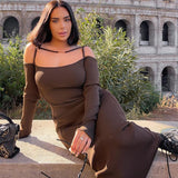 Back to college  Classy Off The Shoulder Long Sleeve Bodycon Dresses For Women Sexy Fashion Brown Black Rib Knit Maxi Dress C76-DE44