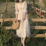 PrettysWomen New Summer Vintage Lace Dress Women's Square Collar Elegant Long Dress Half Sleeve Chiffon Princess Dress Fashion Girls