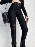 Prettyswomen Black Pencil High Waist Pants Gothic Moon Zipper Hollow Out Bodycon Women Long Trousers Casual Streetwear Vintage Pants