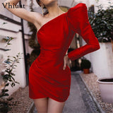 Prettyswomen One Shoulder Long Sleeve Sexy Women Elegant Wrap Mini Dresses Satin Fashion Black Red Bodycon Evening Party Dress 2021