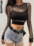Sexy Mesh Crop Tops Tee Shirt Femme Hollow Out Black Tshirt Women See Trough Long Sleeve Streetwear Fishnet T Shirt