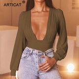 Prettyswomen 2022 Sexy V Neck Bodysuit Women Spring Fashion Casual Solid Knitted Long Sleeve Body Tops Female Puff Sleeve Bodycon Jumpsuit
