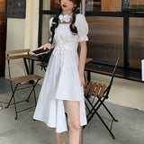 Back to college  Women's White Dress Summer Elegant Vintage Kawaii Puff Sleeve Midi Dress Square Collar Bandage Sundress Goth Outfits