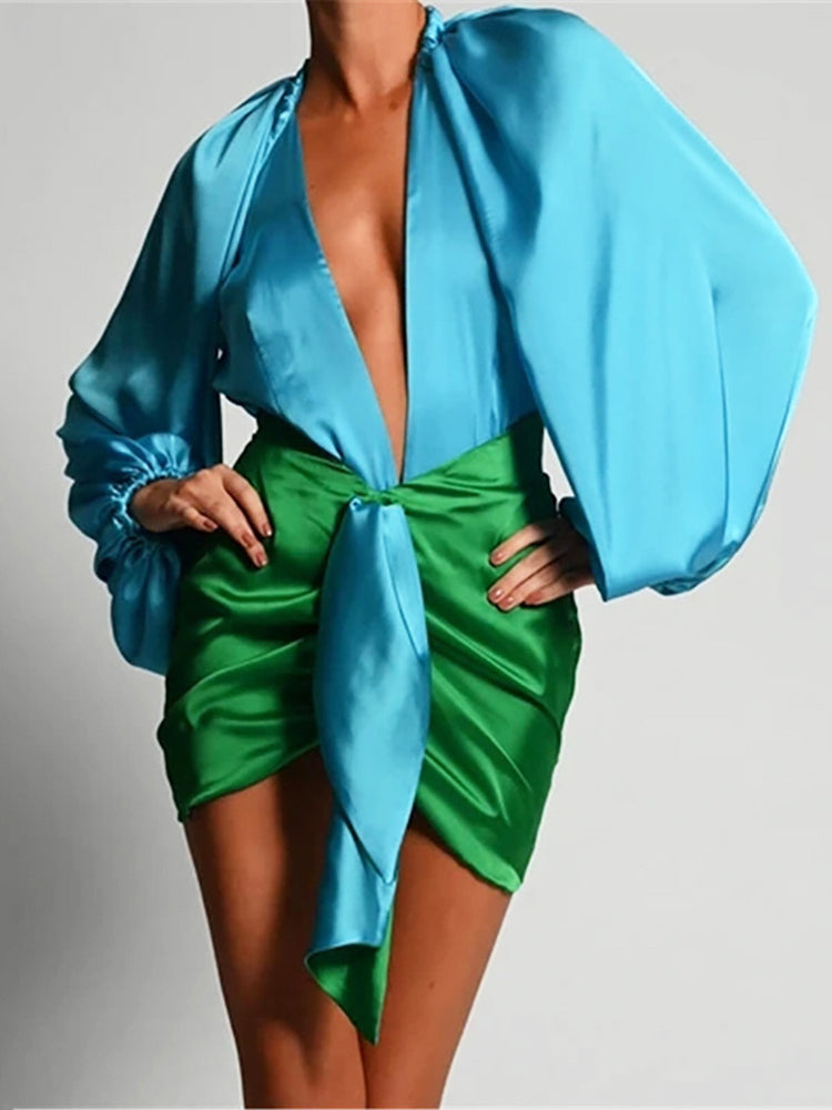 Back to college  Satin Long Lantern Sleeve Bodysuits Jumpsuit Cut Out V Neck Ruched Mini Skirt Spring Sexy Fashion Women One Piece Outfit