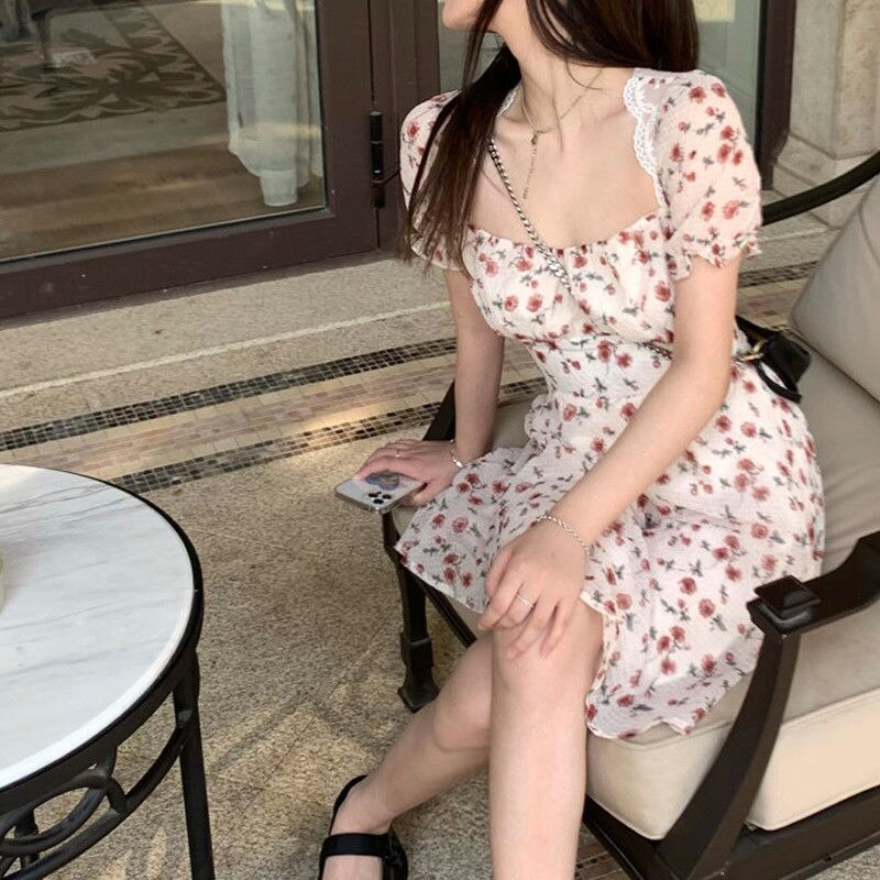 2022 Summer Elegant Floral Dress Women Lace Up Designer Backless Sexy Mini Dress French Retro High Waist Chic Party Sweet Dress