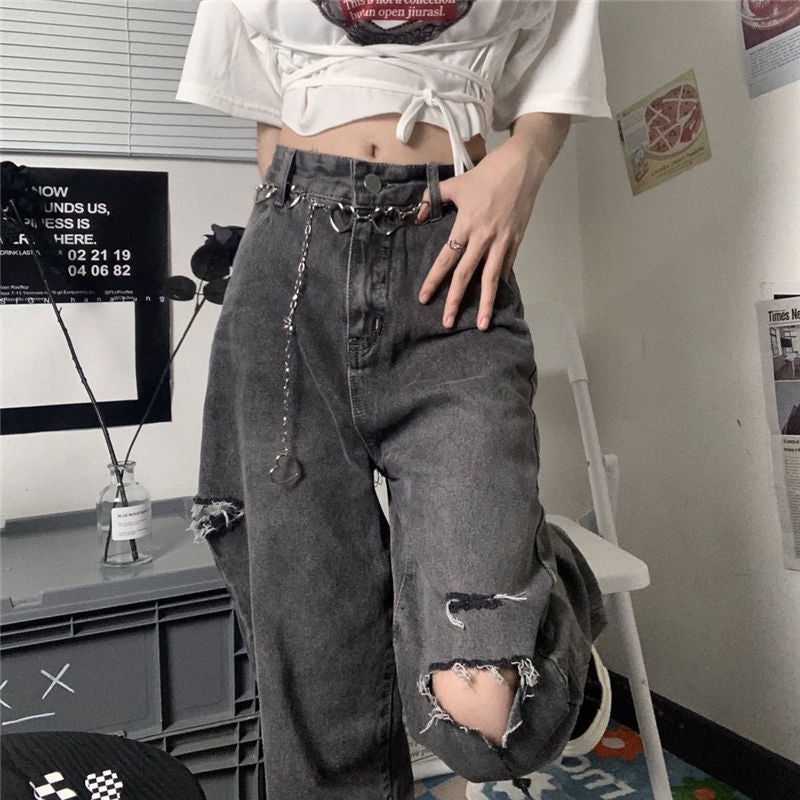 Prettyswomen Vintage streetwear y2k dark gray ripped jeans for