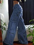 PrettysWomen Low Waist Wide Leg Baggy Cargo Jeans Woman Multi-Pockets Stitched Streetwear Denim Cargos Pants Retro 90s Y2K Trousers