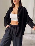 Prettyswomen 2022 spring and summer new European and American casual suits solid color lapel long-sleeved shirt top harem pants two-piece set