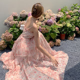 2022 Summer Women Fairy Dress Retro Floral Waist Beach Dress Seaside Holiday Floral Off The Shoulder Suspender Long Skirt