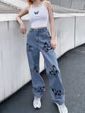 Prettyswomen 2022 Women High Waisted Jeans Butterfly Print Straight Wide Leg Denim Pants Baggy Loose Casual Trousers Streetwear 2022 Spring New