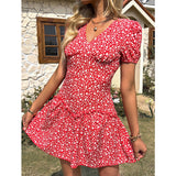 Boho Beach Sundress Women Red Flower Printing Short Sleeve High Waist V Neck A-line Mini Dress for Ladies Casual Holiday