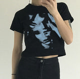 Prettyswomen Y2K Aesthetic Harajuku Streetwear Women Slim Fit Crop t-shirt Gothic Emo Vintage Crop top Face Graphic Printed Sweat top Tee