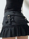 Mall Goth Y2K Zip Up Low Waist Black Denim Skirts Y2K Aesthetics Cute Pockets Trim Ruffles Mini Skirt Patchwork E-girl