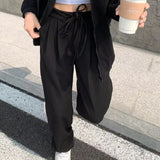 Thanksgiving Day Gifts Gray Wide Leg Women's Classic Suit Pants Vintage Palazzo Office Elegant Casual Balck Trousers Bandage High Wasit Pants