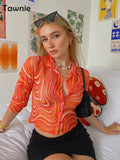 Prettyswomen 2022 Sexy Ripple Print Mesh Long Sleeve Crop Top Vintage Button Up Basic T Shirt Women See Though Orange Shirts