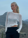 Prettyswomen Women See Through O Neck Knitted Hollow Out Casual Long Sleeve Autumn T Shirt White Sexy Beach Street Y2K Chic 2022
