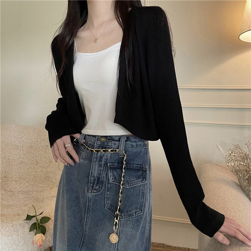 Prettyswomen Cardigan Women Cropped Thin Summer Sun-Proof Casual White Fashion Tender Holiday Sexy Streetwear Cool College Female Young Black