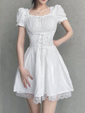 Patchwork Lace White Dress Kawaii Short Sleeve Corset Dress Lace-up Japanese Lolita A-line Mini Dresses Party Vacation