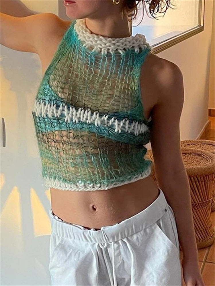 Prettyswomen Knitted Color Patchwork Tube Top Cropped Summer Beach Clubwear 2022 Sexy Women Sleeveless Hollow Out Tank Vest Street