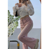 Thanksgiving Day Gifts 2022 Pink Flare Pants For Women Y2k Vintage Female Low Waist Jeans Ins High Street Full Length Trousers Fashion Bottoms