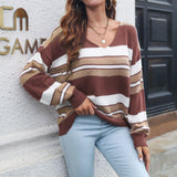 Black Friday Sales Women V Neck Striped Print Pullover Sweaters Long Sleeve Lightweight Loose Casual Warm Knitwear Autumn Winter Sweater For Women