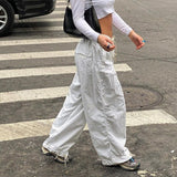 Sweetown Casual Baggy Wide Leg Sweatpants White Loose Drawstring Low Waist Streetwear Cargo Pants Womens Hippie Joggers Trousers