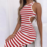 Prettyswomen Women Slim Sleeveless Sexy Round Neck Dress Fashion Bodycon Polyester Simple Horizontal Stripes Hollow Out For Office