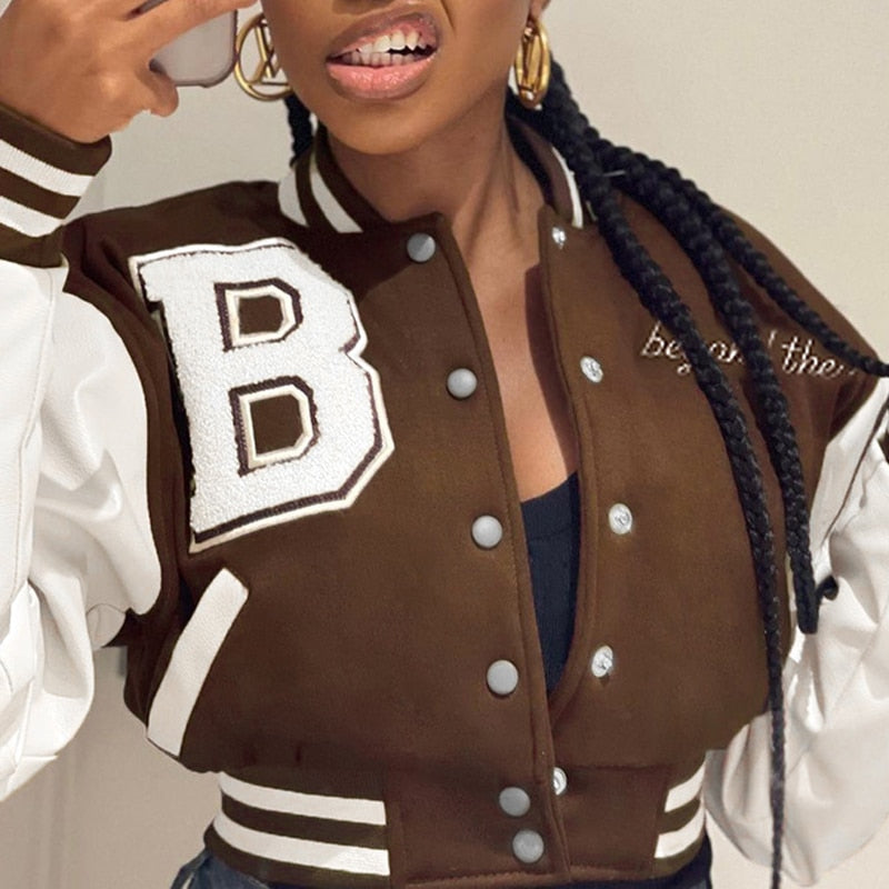 Prettyswomen Brown Baseball Fashion Fall Jackets For Women 2022 Patchwork Button Black Crop Top Jackets Coats Red Varsity Bomber Jacket