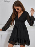 Prettyswomen Sexy Chiffon Mesh Long Sleeve Dress Women Casual White Ruffle Party Dresses Elegant Solid V Neck Mini Dress Spring Summer 2022