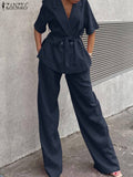 Prettyswomen Women Elegant Office Trouser Suits 2PCS Summer Laple Neck Short Sleeve Blazer Top Matching Sets Casual Wide Leg Pant Sets