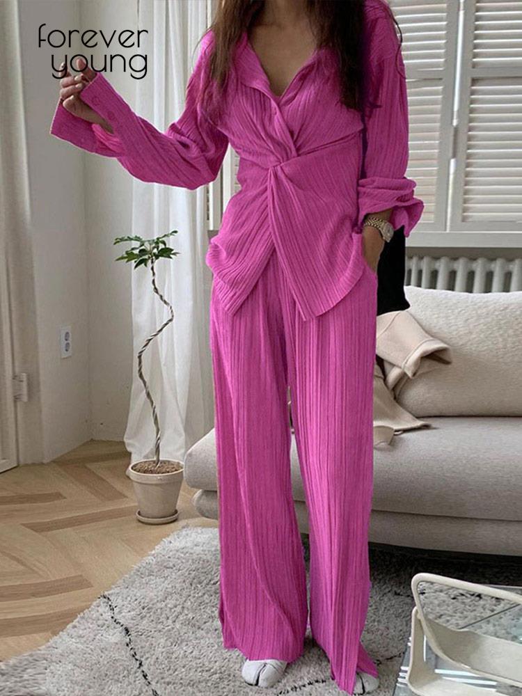 Prettyswomen Casual Women Elegant Pleated Two Piece Set Kink Long Sleeve Shirt And Wide Leg Pant Suits 2022 Autumn Loose Office Lady Outfits