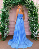 Blue Chiffon Long Prom Dresses One Shoulder Pleats Formal Evening Dress 2022 Princess Women Wedding Party Gowns Sashes