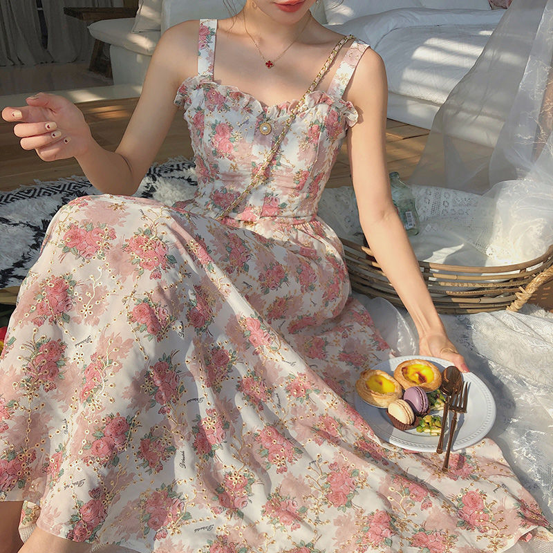 2022 Summer French Sweet Fairy Dress Women Elegant Pearl Button Floral Print Ruffles Party Female Kawaii Korean Dresses