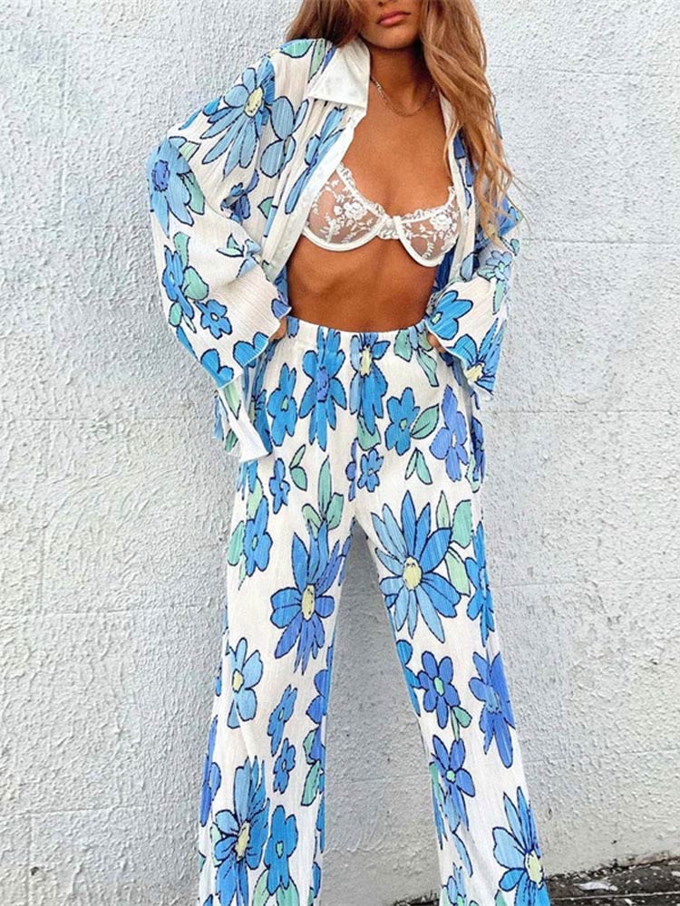 Prettyswomen Halloween Costume Women Floral Printed Shirt Two Piece Sets Pleated Long Sleeve Tops And Wide Leg Pants Suits Office Ladies Casual Loose Tracksuit