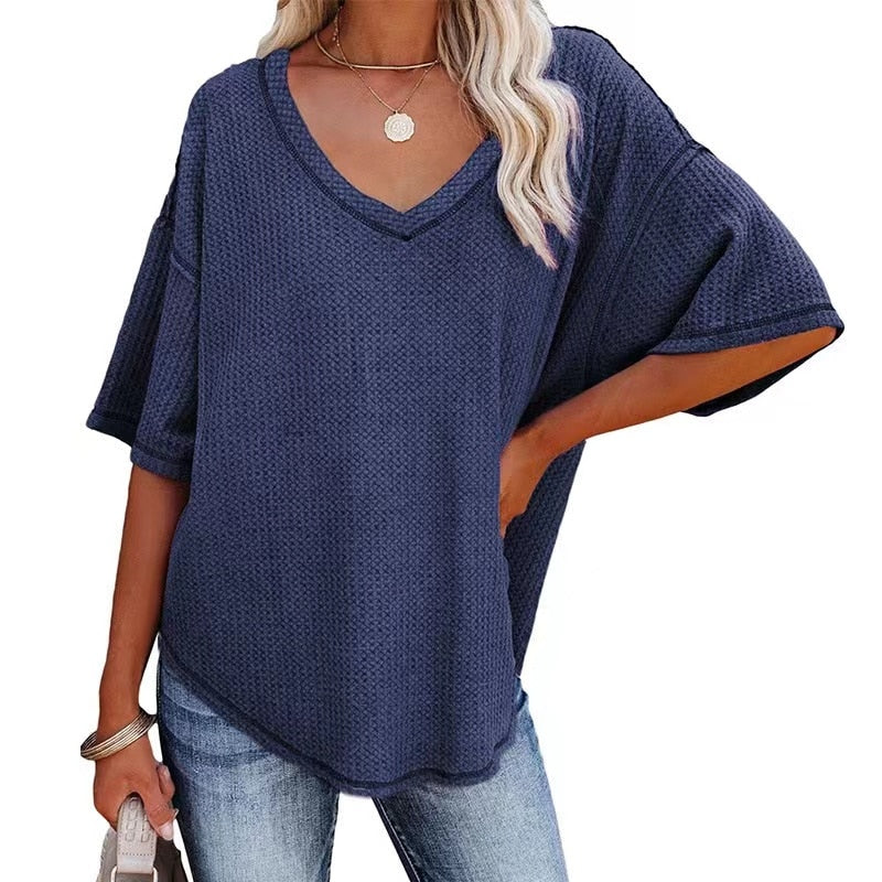 Prettyswomen 2022 New Women Summer Casual Solid Short Sleeve T-Shirt Basic V-Neck Batwing Sleeve Tops Fashion Loose Knitted Pullover Tees
