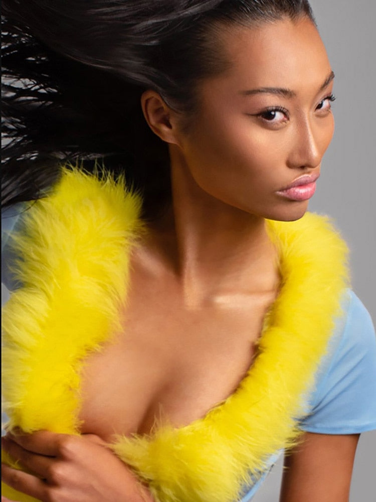 Prettyswomen Harajuku 90s Streetwear Yellow Feather Trim Blue Mesh Crop Tops Y2K Aesthetics Sexy Deep V Lace Up Short Sleeve T-shirts
