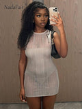 Prettyswomen Women White See Through O Neck Sleeveless Summer Mini Dress Skinny Off Shoulder Bodycon Bodysuit Set Sexy Party