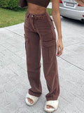 Prettyswomen Casual Brown Jeans Woman High Waisted Cargo Pants Women Pocket Fashion Straight Long Trousers Ladies Streetwear