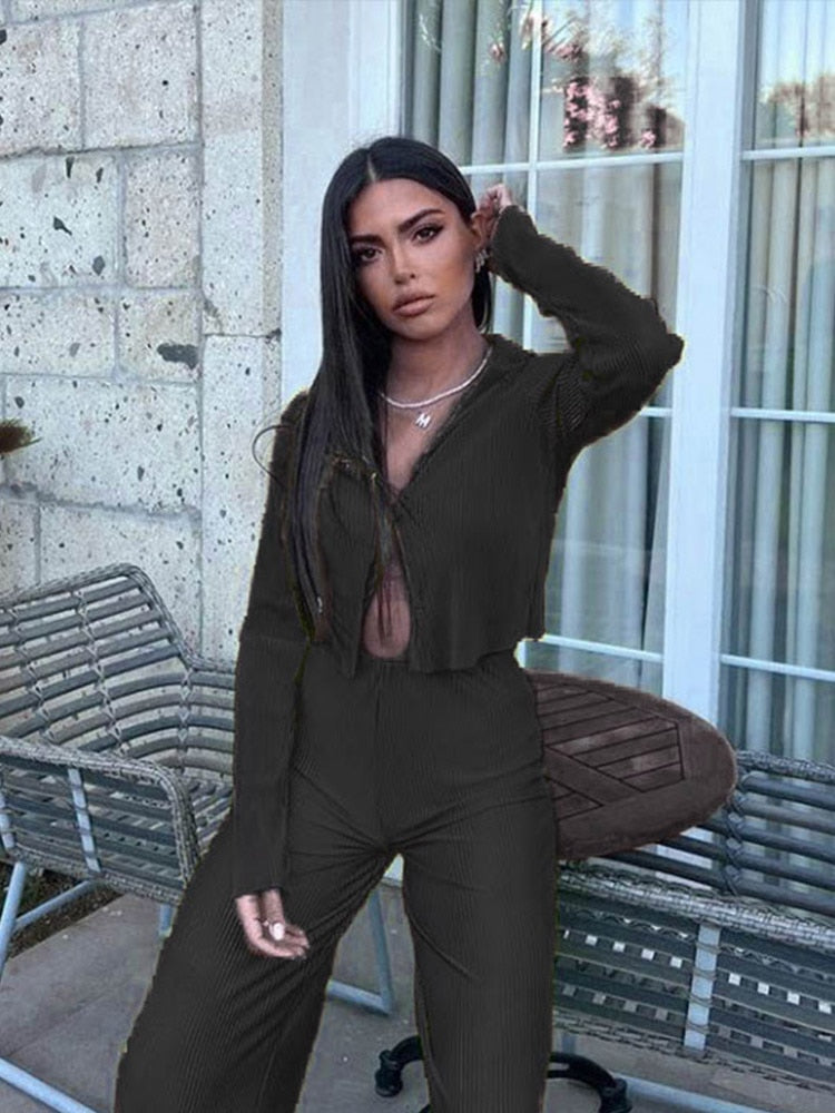 Prettyswomen Women Elegant Pleated 2 Piece Sets Causal Loose Ladies Home Suit 2022 Long Sleeve Shirt Blouse And High Wasit Pants Outfits
