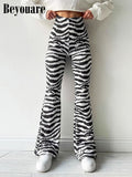 Zebra Striped Print Flare Pants Women High Waist Elastic Waist Trousers Office Lady Fashion Casual Bottoms Summer 2022