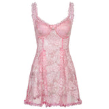 Y2K Aesthetic Lace Dress Pink Sleeveless A Line Lolita Japanese Mini Dresses Beach Party Outfit Kawaii Clothes Hot 90s