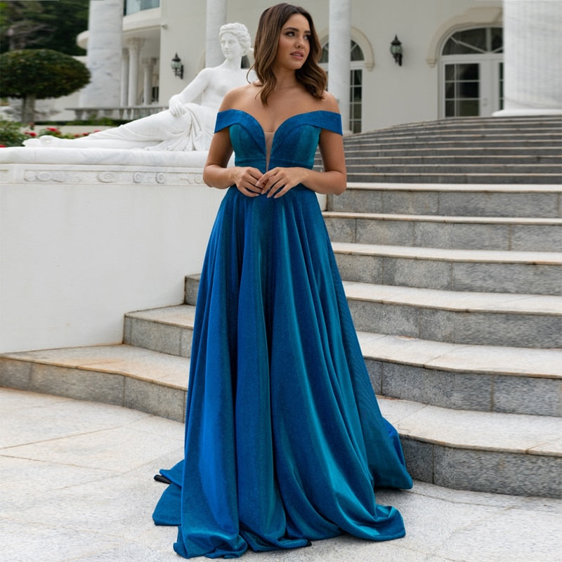 2022 Elegant Blue Lady Bling Full Length Robe De Soiree A-Line Sparkly Long Prom Dresses Evening Gowns Sexy Off Shoulder Party