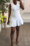 PrettysWomen - White Casual Daily Buttons Fold O Neck Sleeveless Dress Dresses