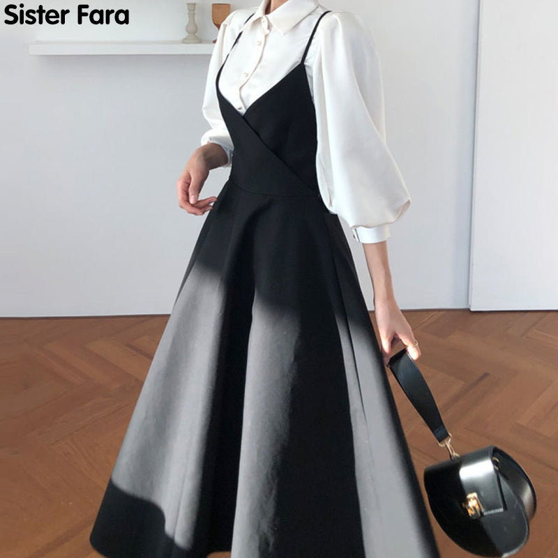 Sister Fara New Spring Dress 2022 Women Single Breasted Lantern Sleeve Shirt Set+Camisole Bow Pleated Solid Dresses